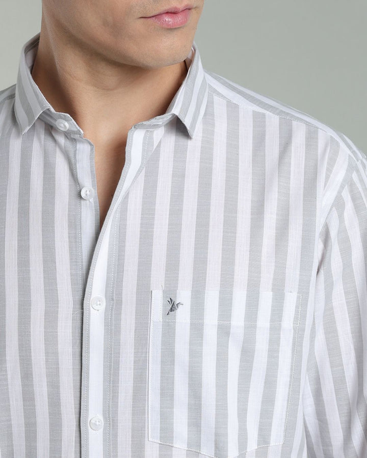 White & Grey Bold Stripes -Full-Cotton Linen Shirt