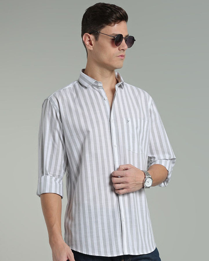 White & Grey Bold Stripes -Full-Cotton Linen Shirt