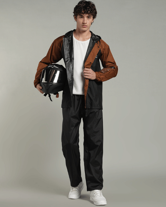 Black with Golden Brown Sleeve - Rain Jacket with Pant & Mobile Pouch