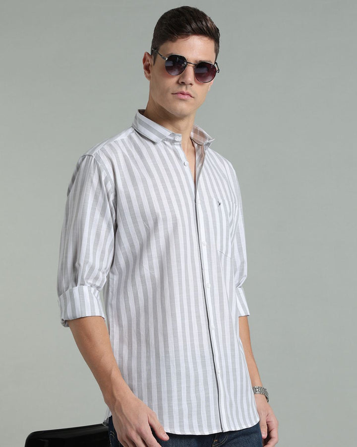 White & Grey Bold Stripes -Full-Cotton Linen Shirt