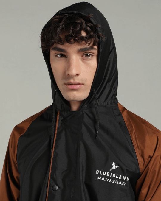 Black with Golden Brown Sleeve - Rain Jacket with Pant & Mobile Pouch