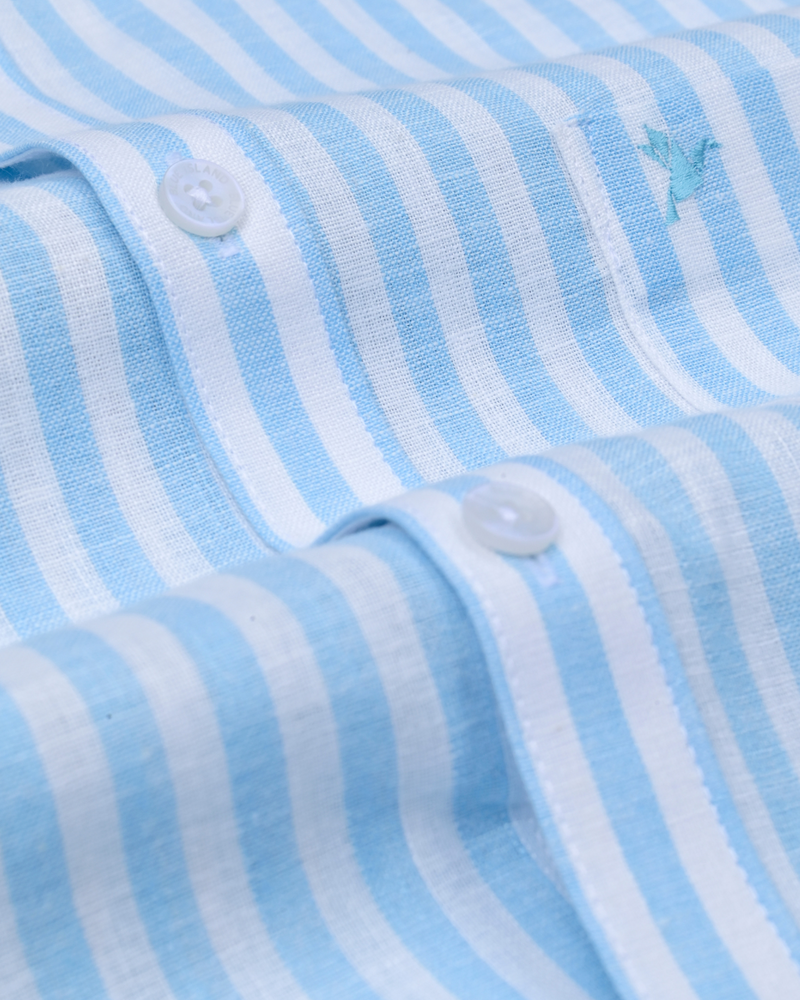 Aqua Blue and White Bars -Full-Bamboo Linen