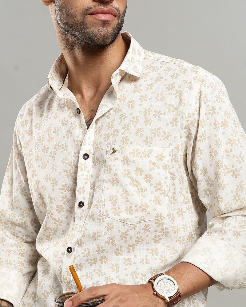 White & Sandal Flower Print -Full-Stain Proof