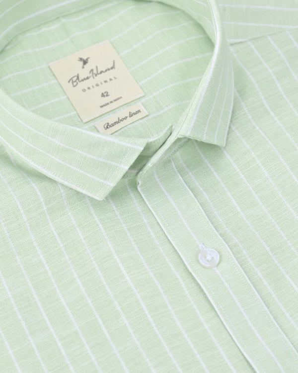 Pistah Green & White Stripes -Full-Bamboo Linen