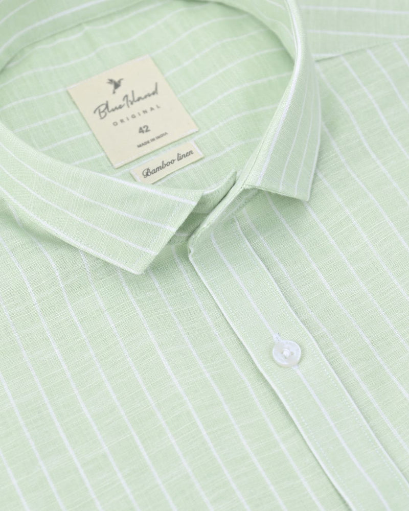 Pistah Green & White Stripes -Full-Bamboo Linen