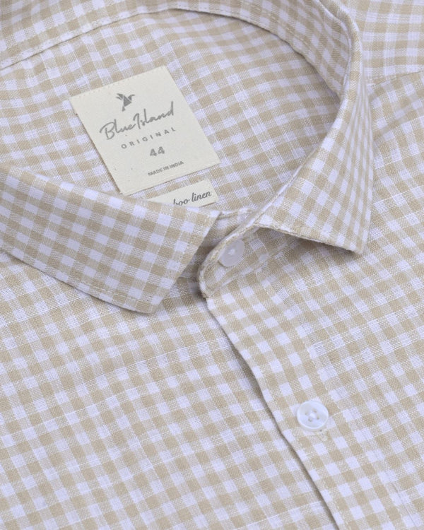 Sandal Brown & White Mini Checks -Full-Bamboo Linen