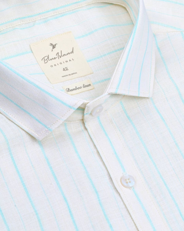 Creamy White & Blue Stripes -Full-Bamboo Linen