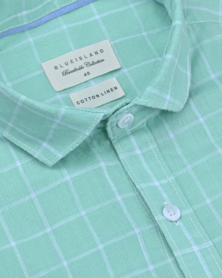 Radium Green & White Checks - Half Sleeve -Cotton Linen Shirt