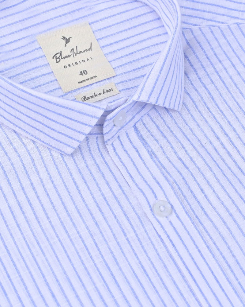 White & Blue Mini Stripes -Full-Bamboo Linen