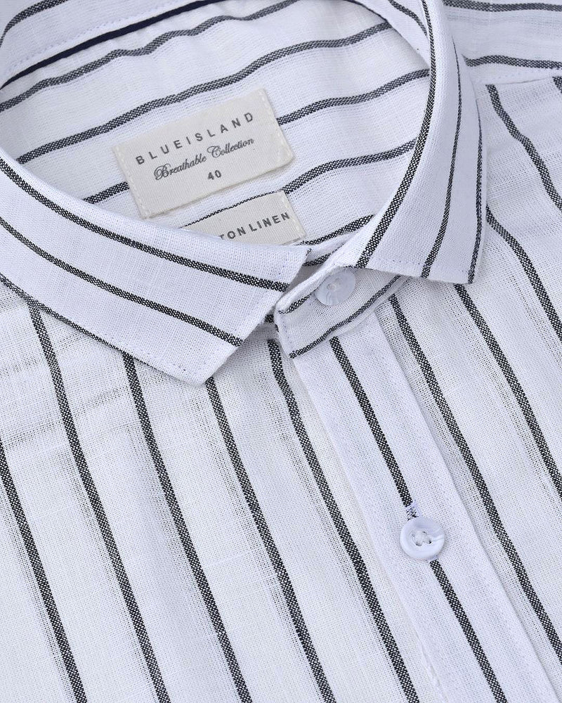 White & Black Line Stripes-Full-Cotton Linen Shirt