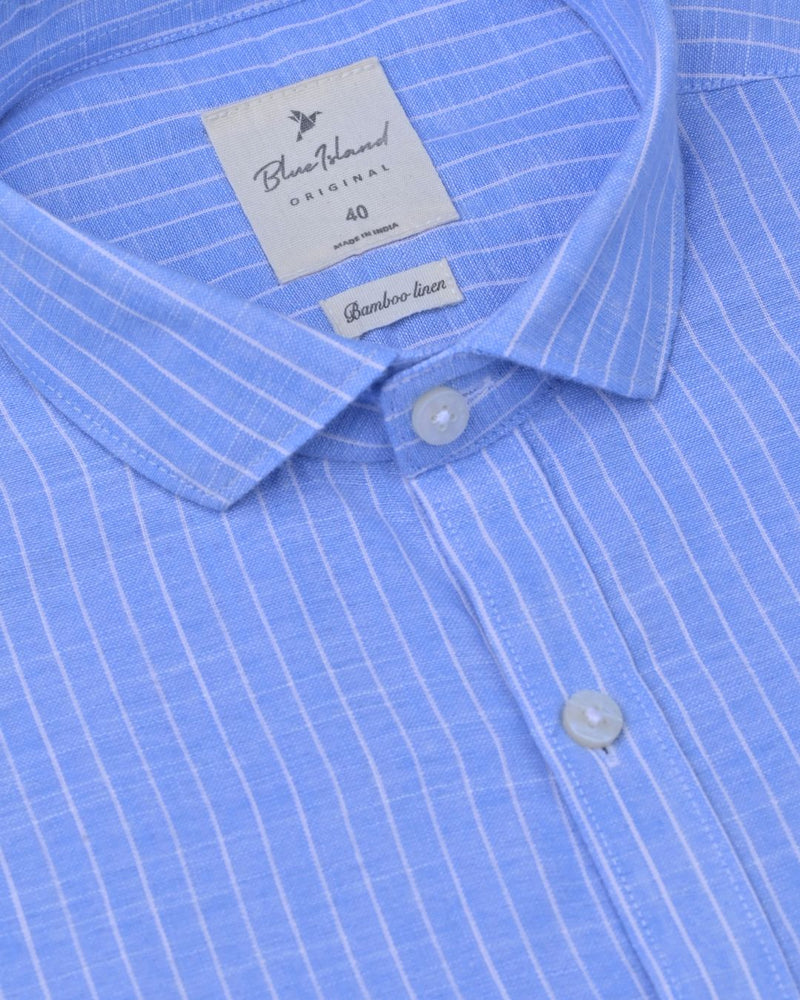 Sky Blue & White Mini Stripes -Full-Bamboo Linen