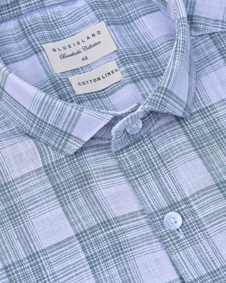 White & Green Multi Line Checks -Full-Cotton Linen Shirt