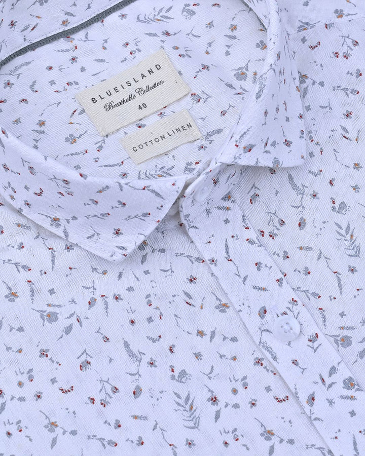 White & Grey Print -Full-Cotton Linen Shirt