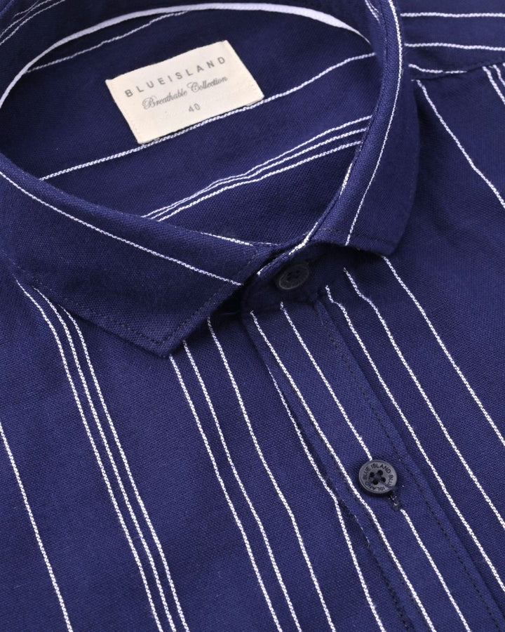 Navy & White Multi Line Stripes-Full-Cotton Linen Shirt