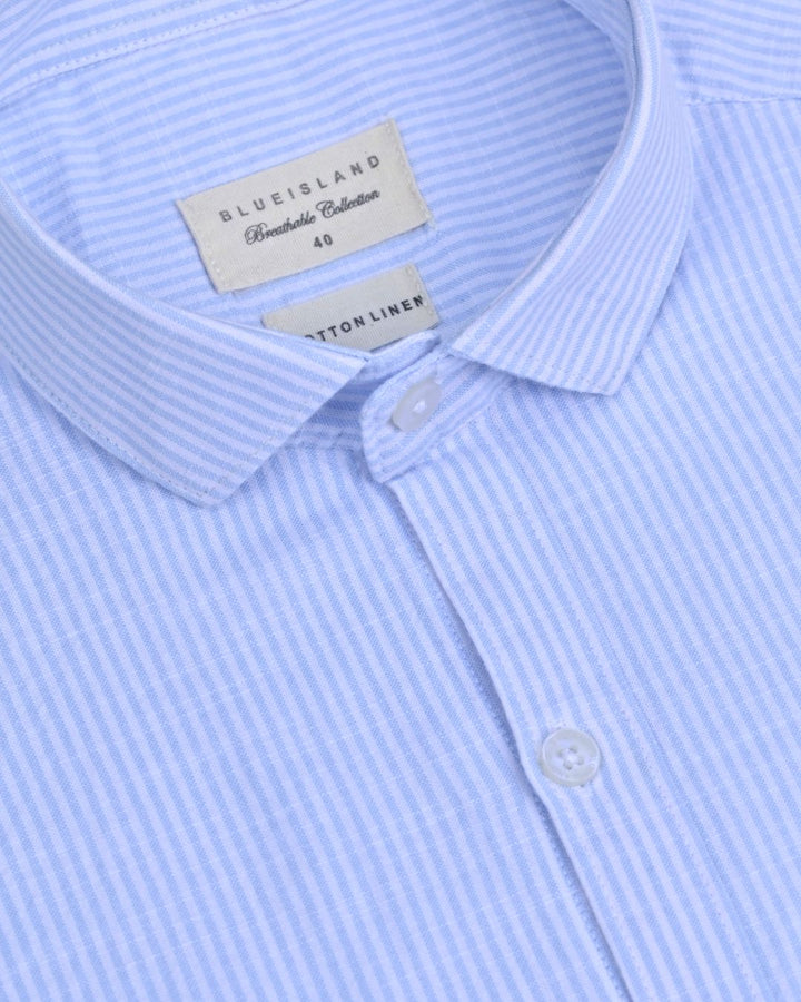 Sky Blue Mini Stripes -Full-Cotton Linen Shirt