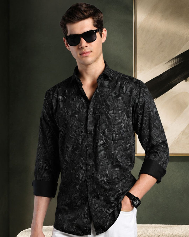 Black Tribal Print-Full-Cotton Linen Shirt