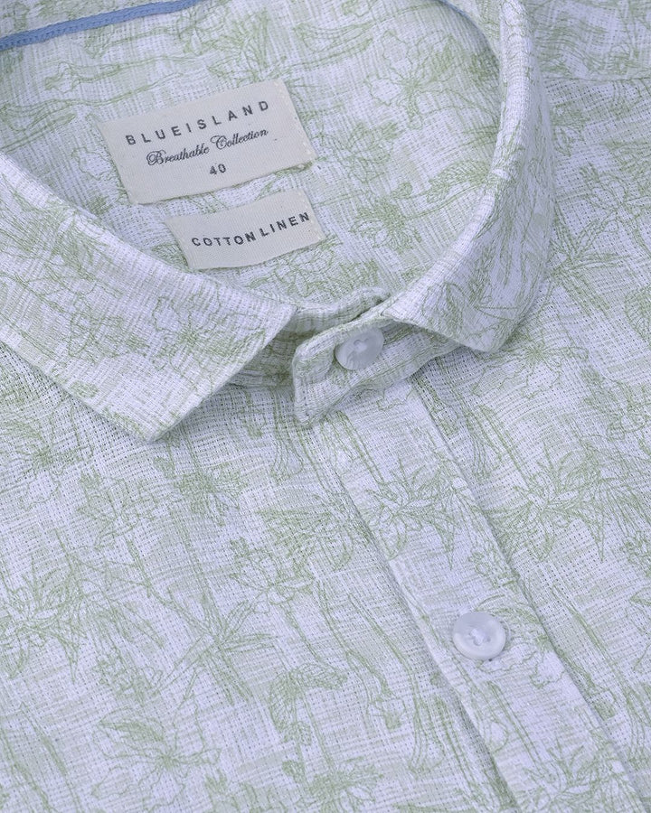 Lite Olive Blossom Print-Full-Cotton Linen Shirt