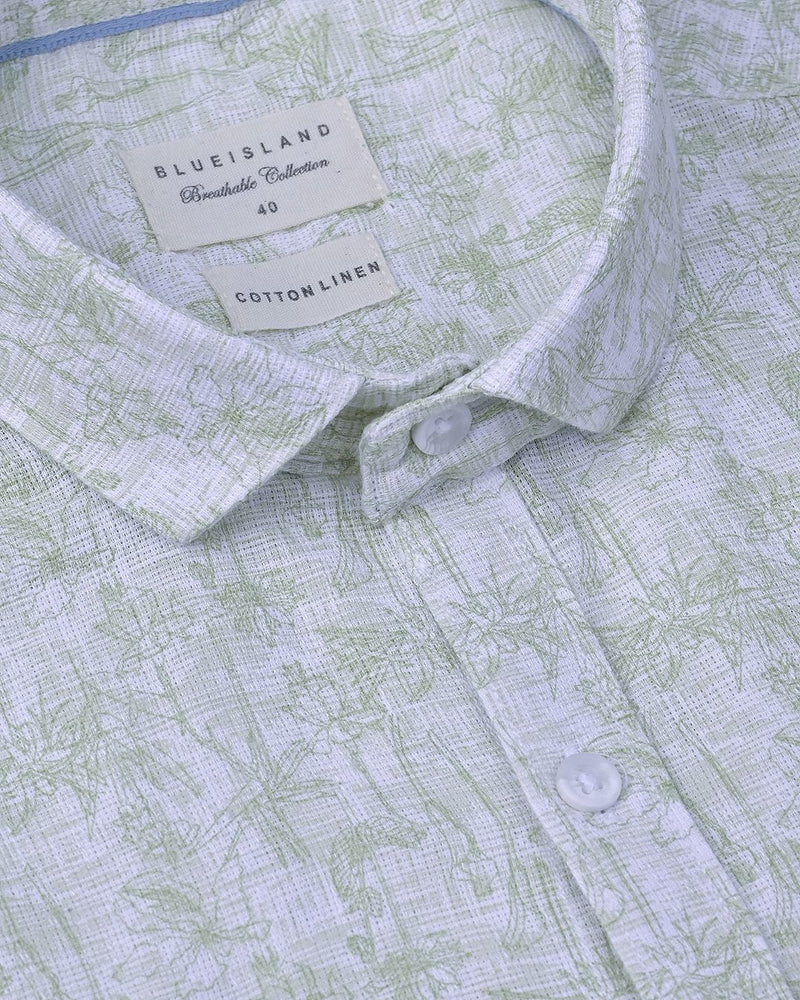 Lite Olive Blossom Print-Full-Cotton Linen Shirt