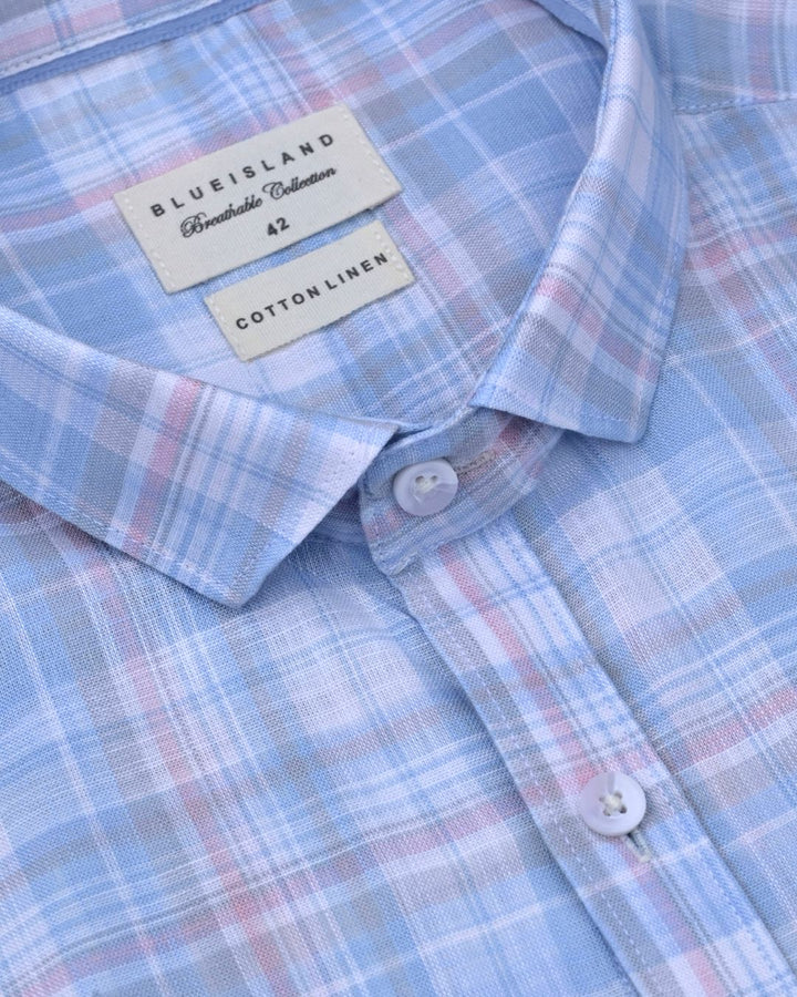 Cloudy Blue & Pink Line Checks -Full-Cotton Linen Shirt