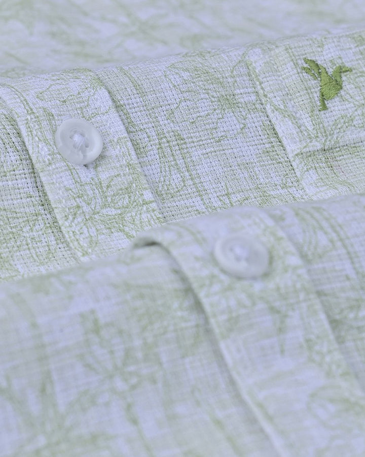 Lite Olive Blossom Print-Full-Cotton Linen Shirt