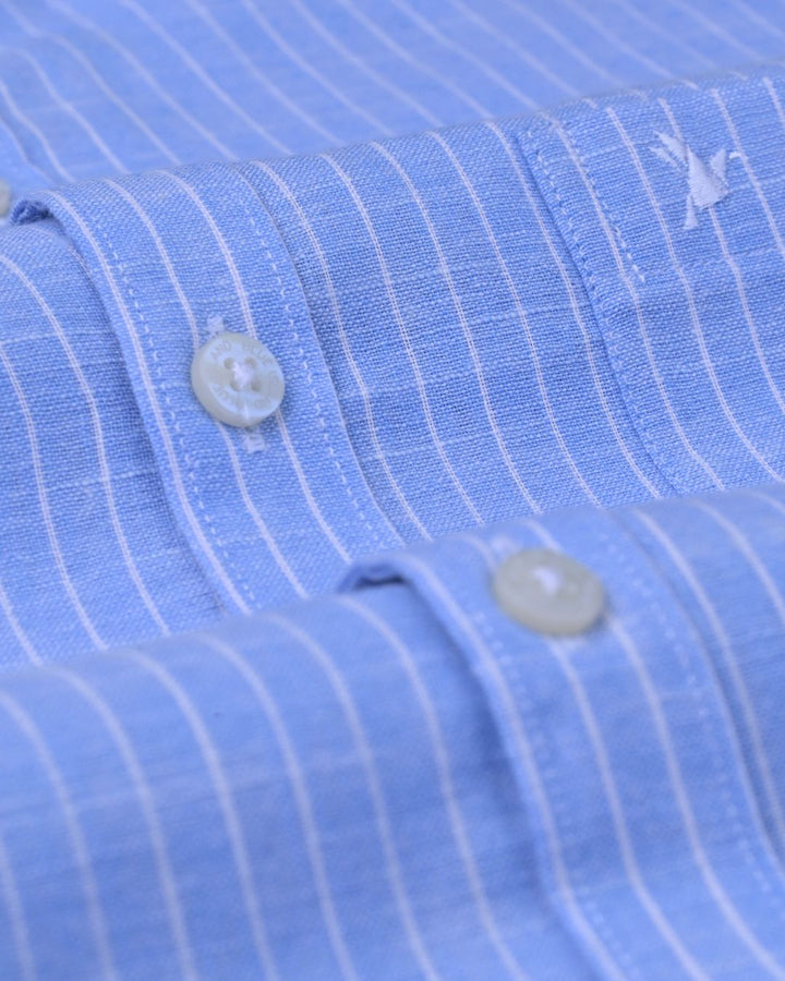 Sky Blue & White Mini Stripes -Full-Bamboo Linen