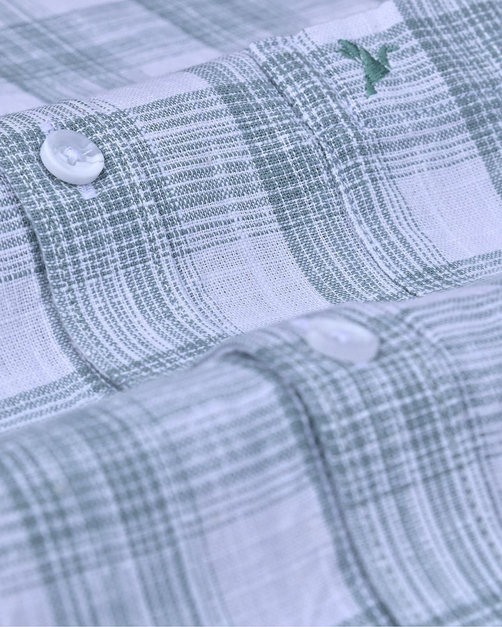 White & Green Multi Line Checks -Full-Cotton Linen Shirt