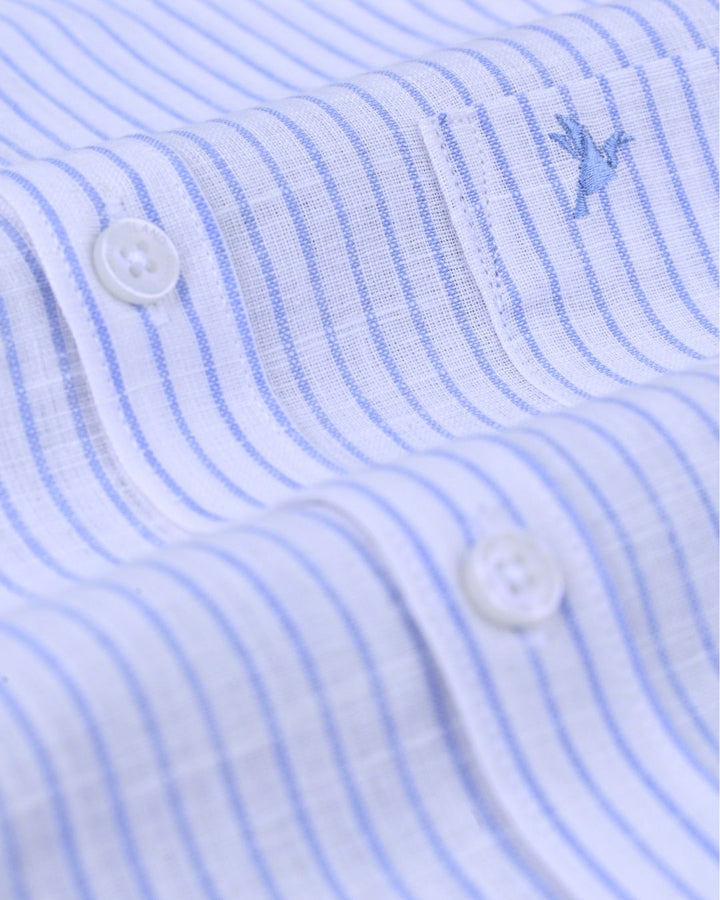 White & Blue Mini Stripes -Full-Bamboo Linen