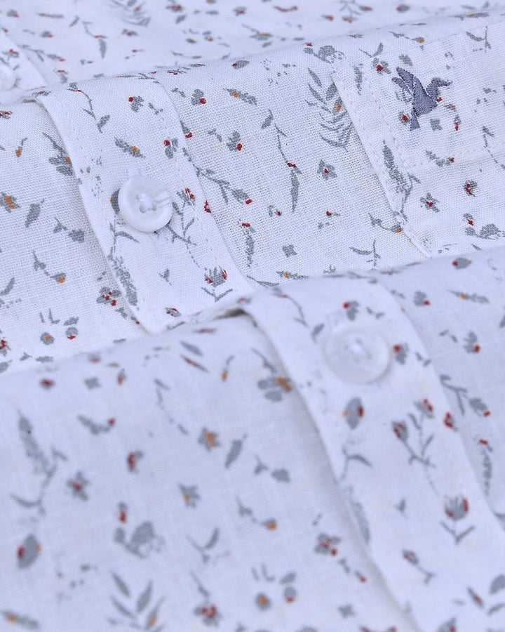 White & Grey Print -Full-Cotton Linen Shirt