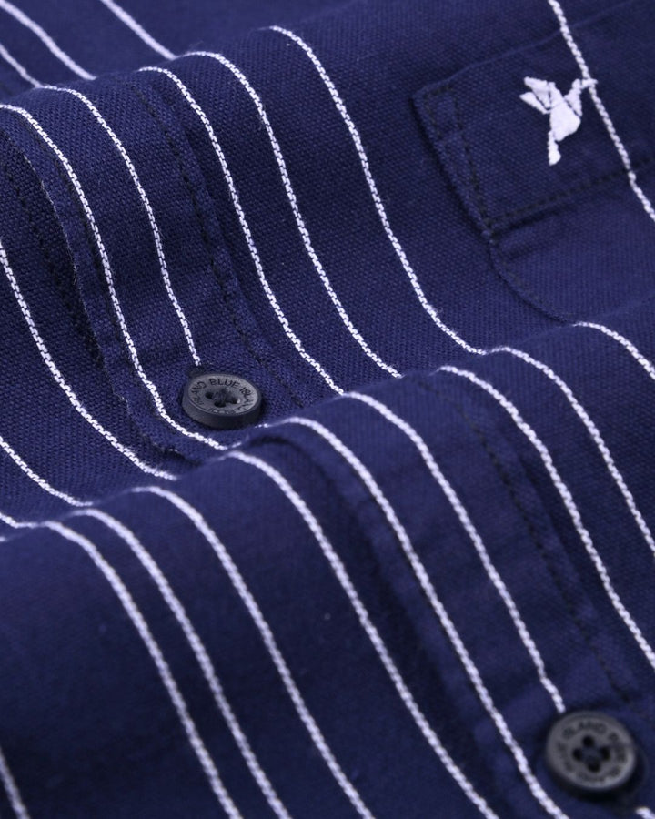 Navy & White Multi Line Stripes-Full-Cotton Linen Shirt