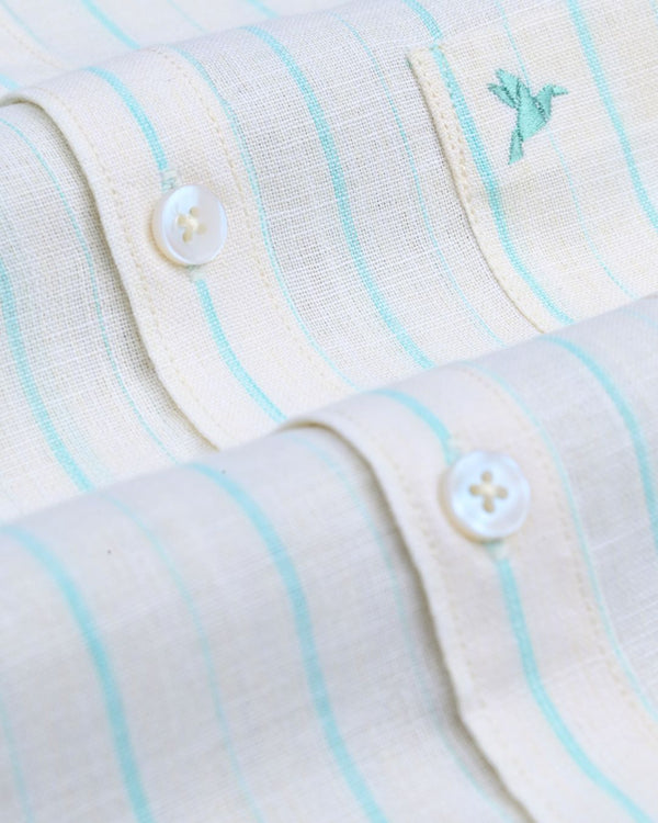 Creamy White & Blue Stripes -Full-Bamboo Linen
