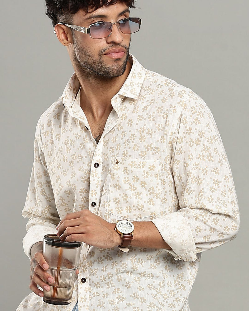 White & Sandal Flower Print -Full-Stain Proof