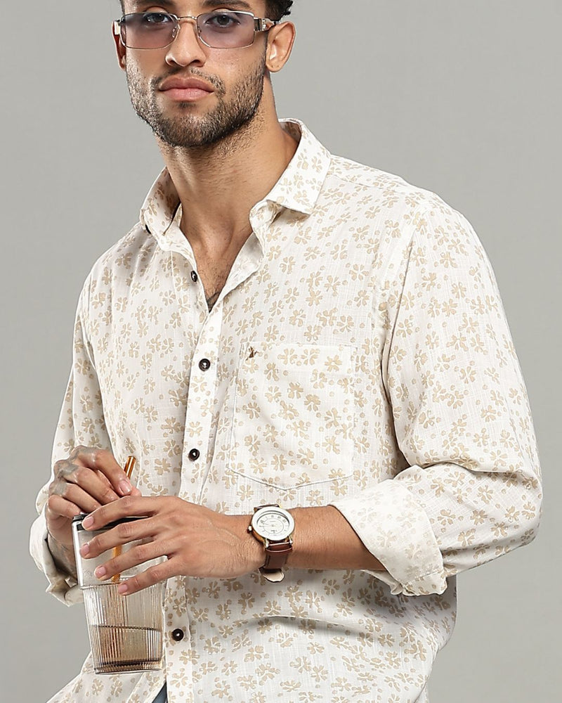 White & Sandal Flower Print -Full-Stain Proof