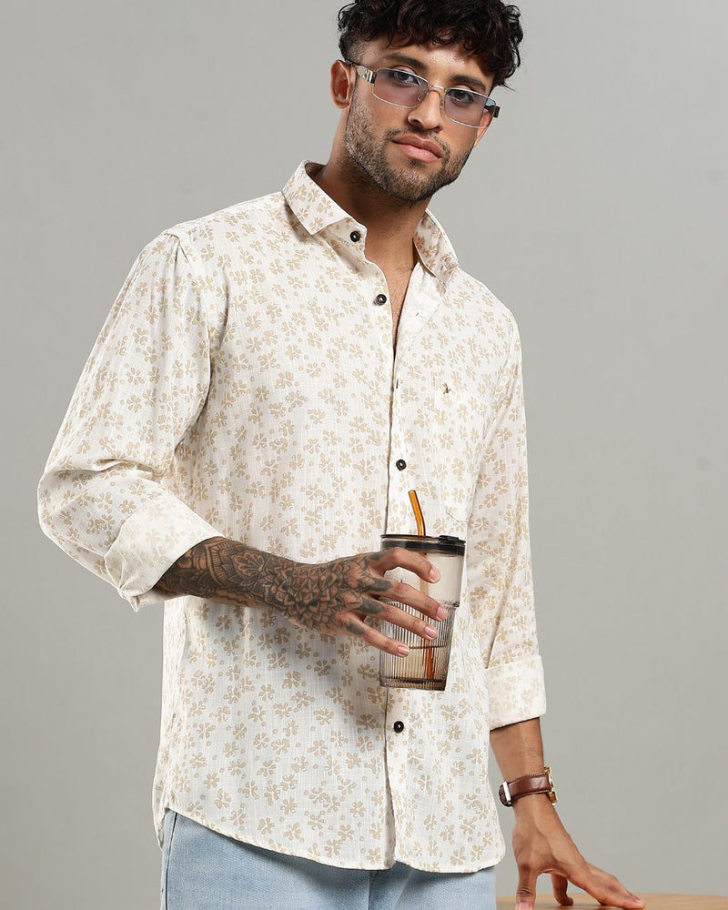 White & Sandal Flower Print -Full-Stain Proof