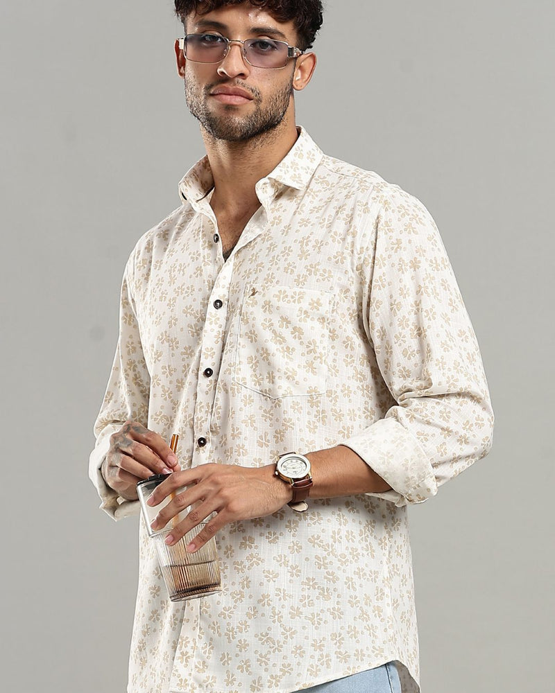 White & Sandal Flower Print -Full-Stain Proof