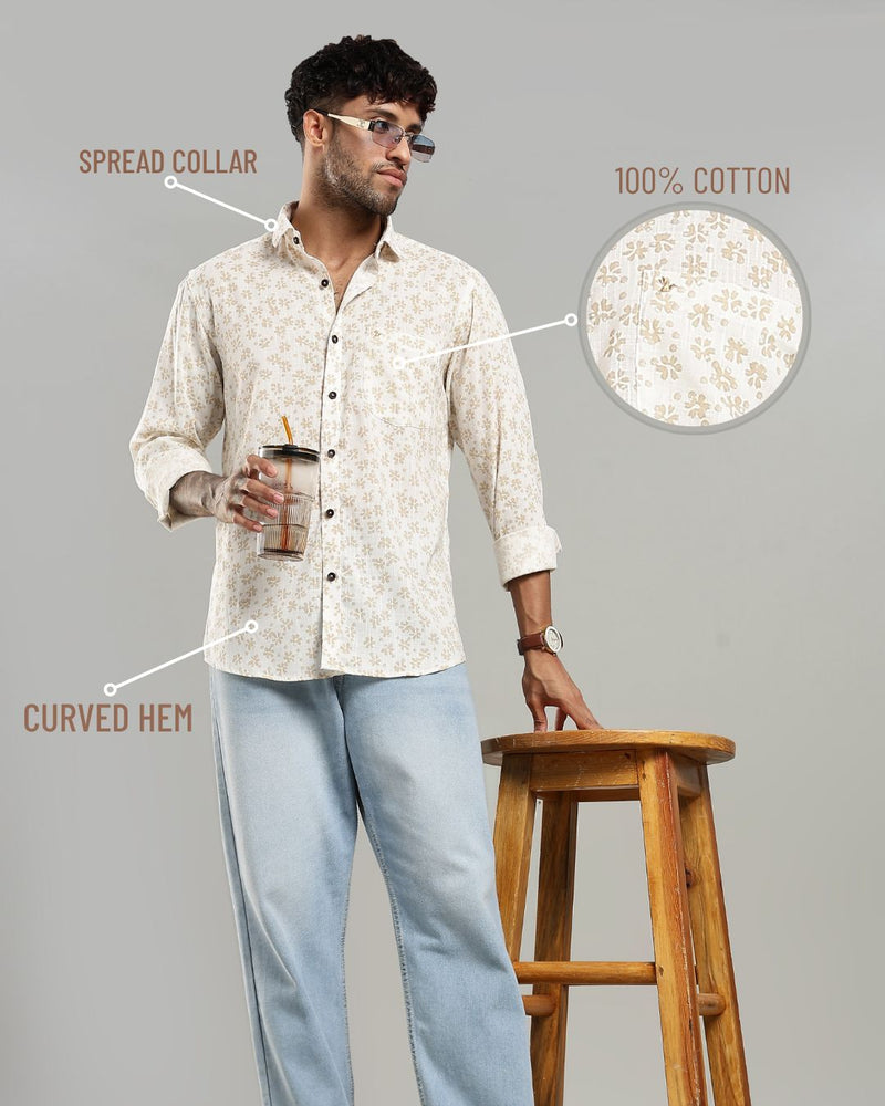 White & Sandal Flower Print -Full-Stain Proof