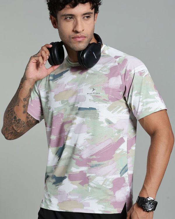 Pistah Green & Pink Splash - Active wear Round neck Tshirt