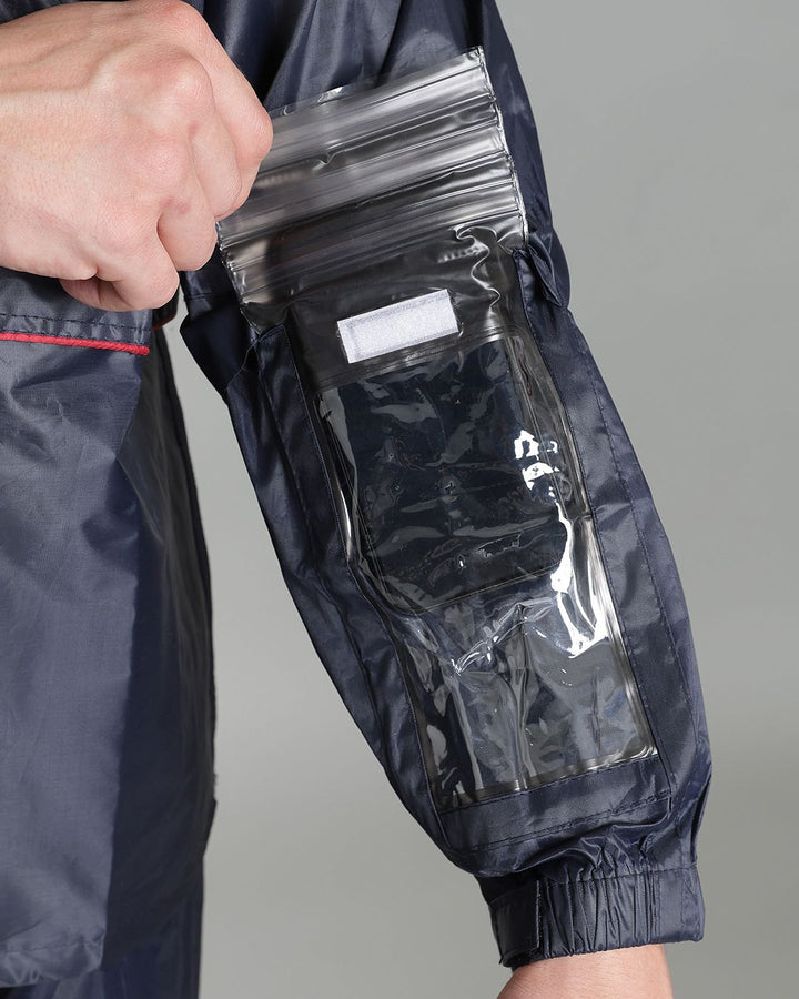 Navy with Red Taping - Rain Jacket with Pant and Mobile Pouch