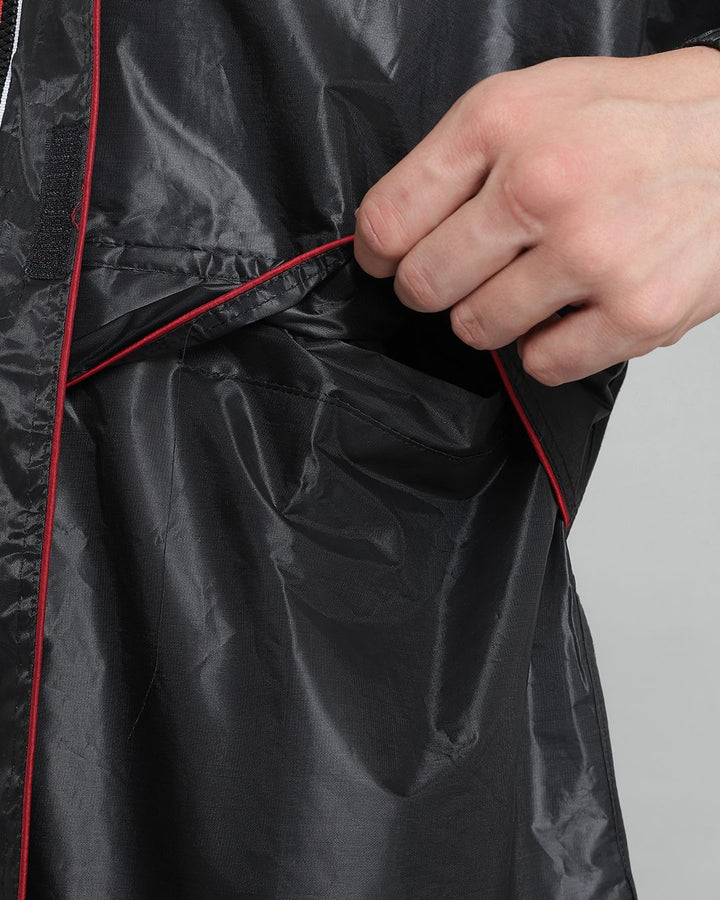 Black with Red Taping - Rain Jacket with Pant and Mobile Pouch