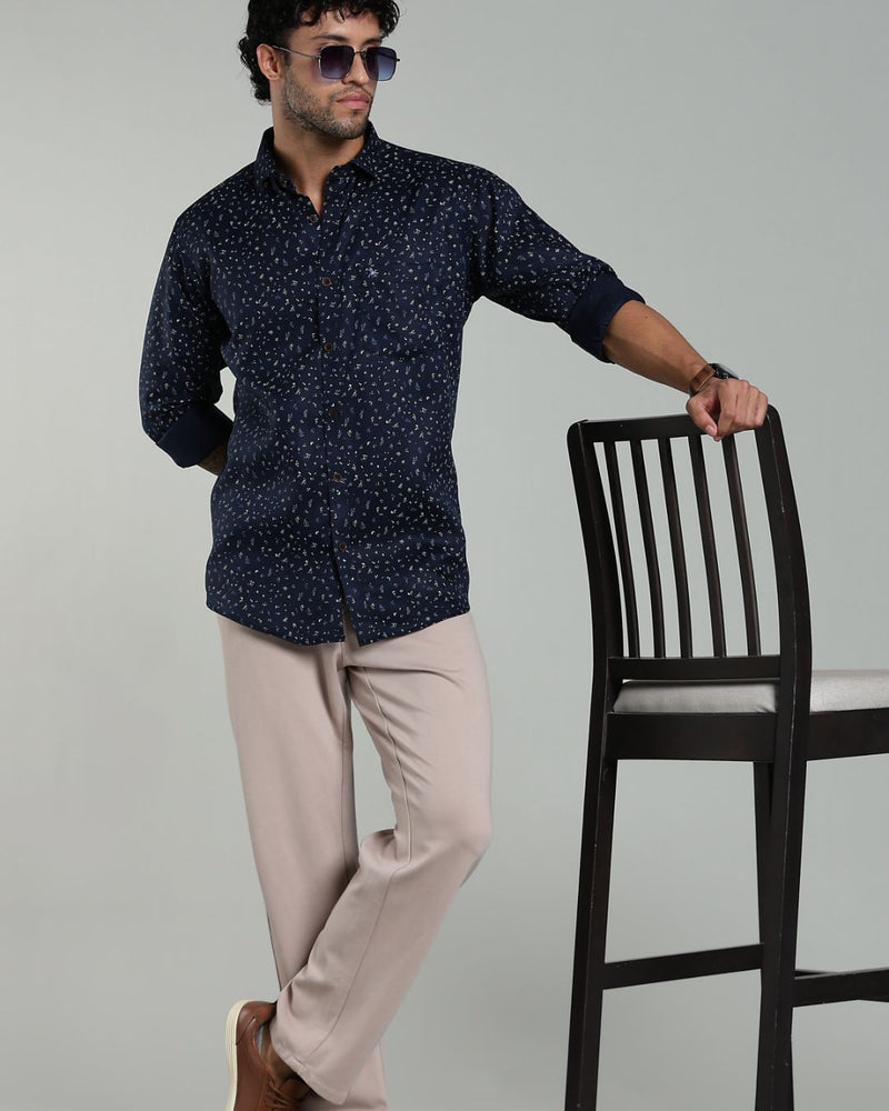 Navy Leaf Print-Full-Stain Proof