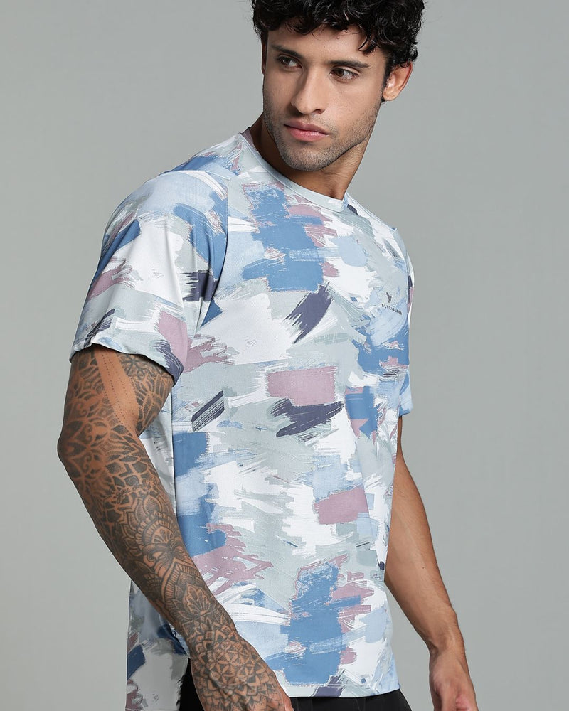 Bluish Grey & Green Splash - Active wear Round neck Tshirt