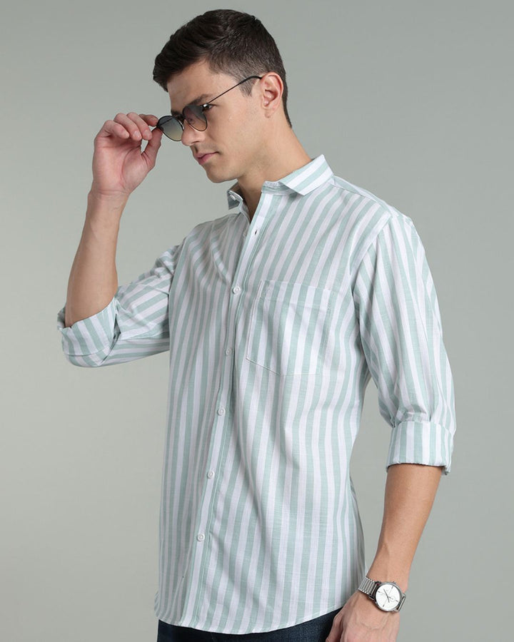 White & Green Bold Stripes -Full-Cotton Linen Shirt