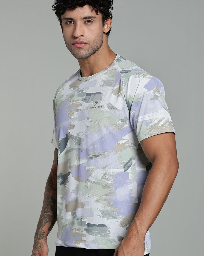 Mild Lavender & Lite Olive Splash - Active wear Round neck Tshirt