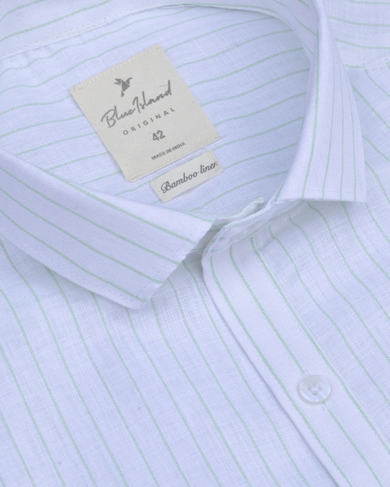 White & Green Mini Stripes -Full-Bamboo Linen