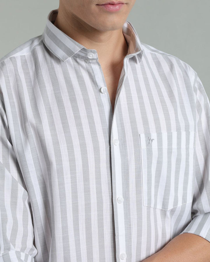 White & Grey Bold Stripes -Full-Cotton Linen Shirt