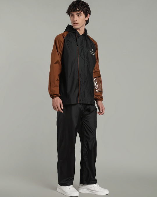 Black with Golden Brown Sleeve - Rain Jacket with Pant & Mobile Pouch