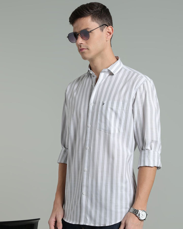 White & Grey Bold Stripes -Full-Cotton Linen Shirt
