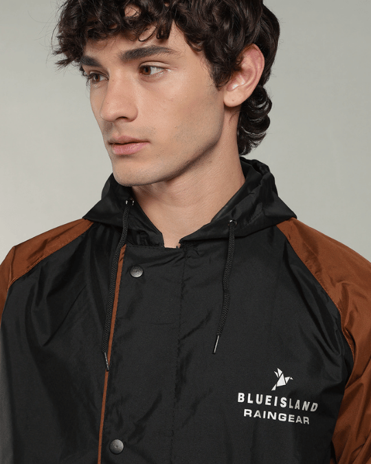 Black with Golden Brown Sleeve - Rain Jacket with Pant & Mobile Pouch