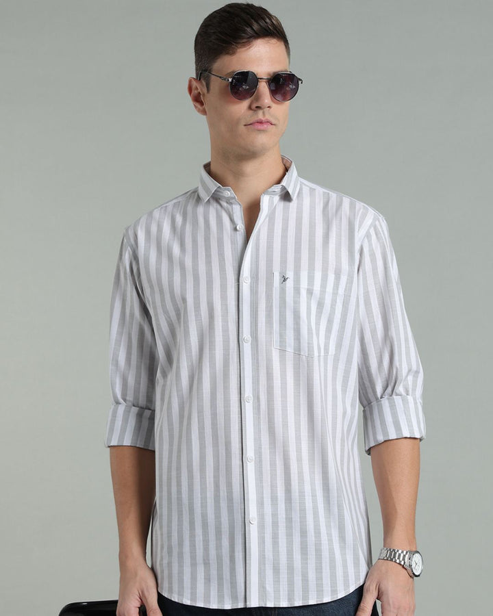 White & Grey Bold Stripes -Full-Cotton Linen Shirt