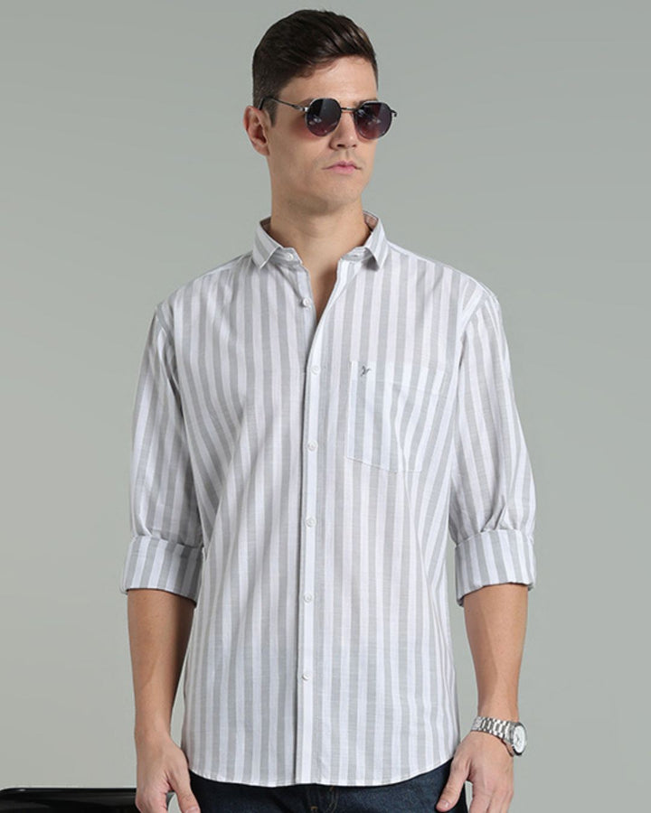 White & Grey Bold Stripes -Full-Cotton Linen Shirt