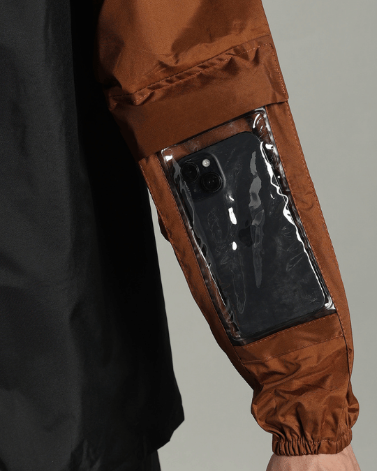 Black with Golden Brown Sleeve - Rain Jacket with Pant & Mobile Pouch
